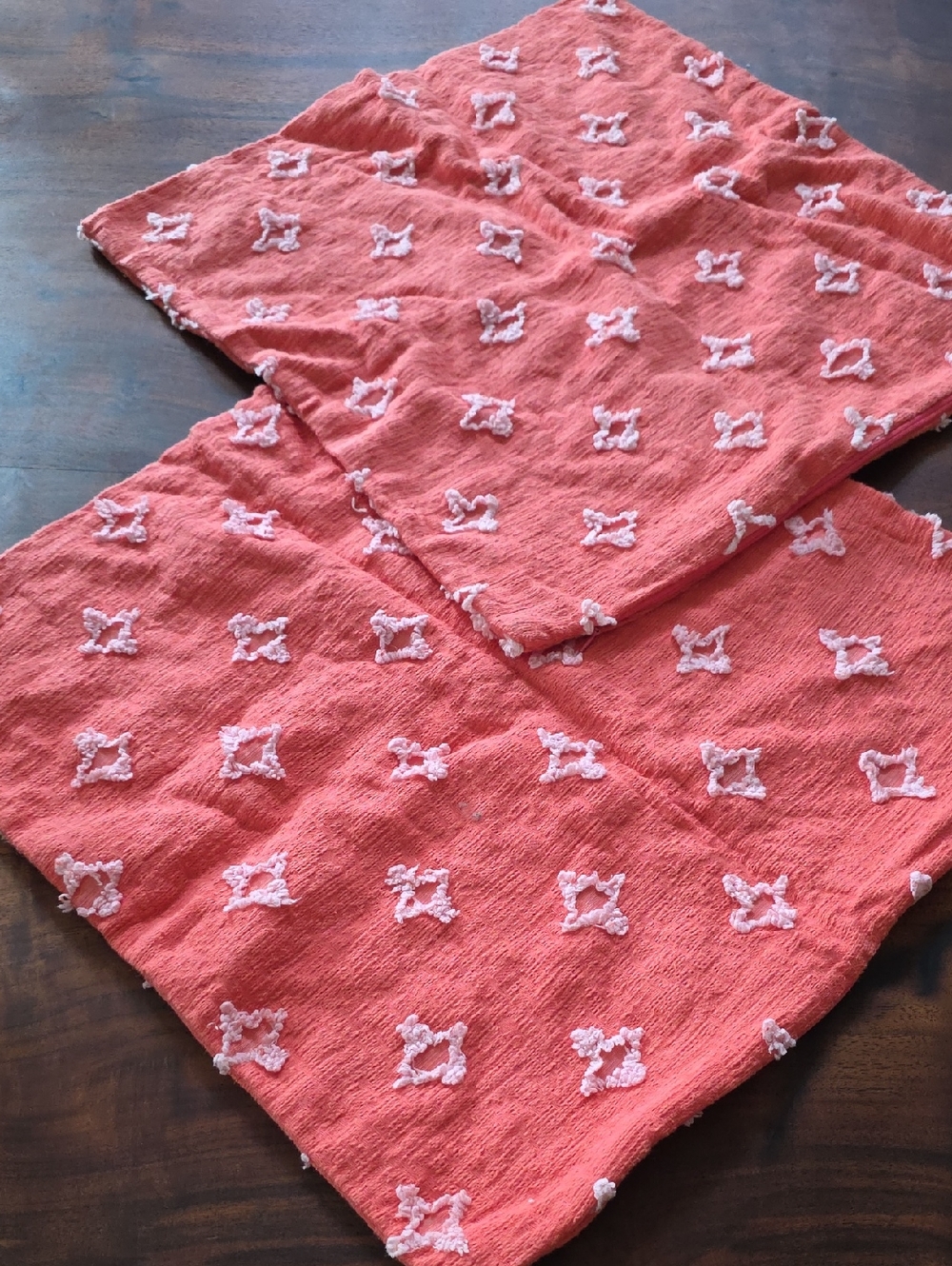 Two Coral Textured Throw Pillow Covers with White Tufted Accents🏵